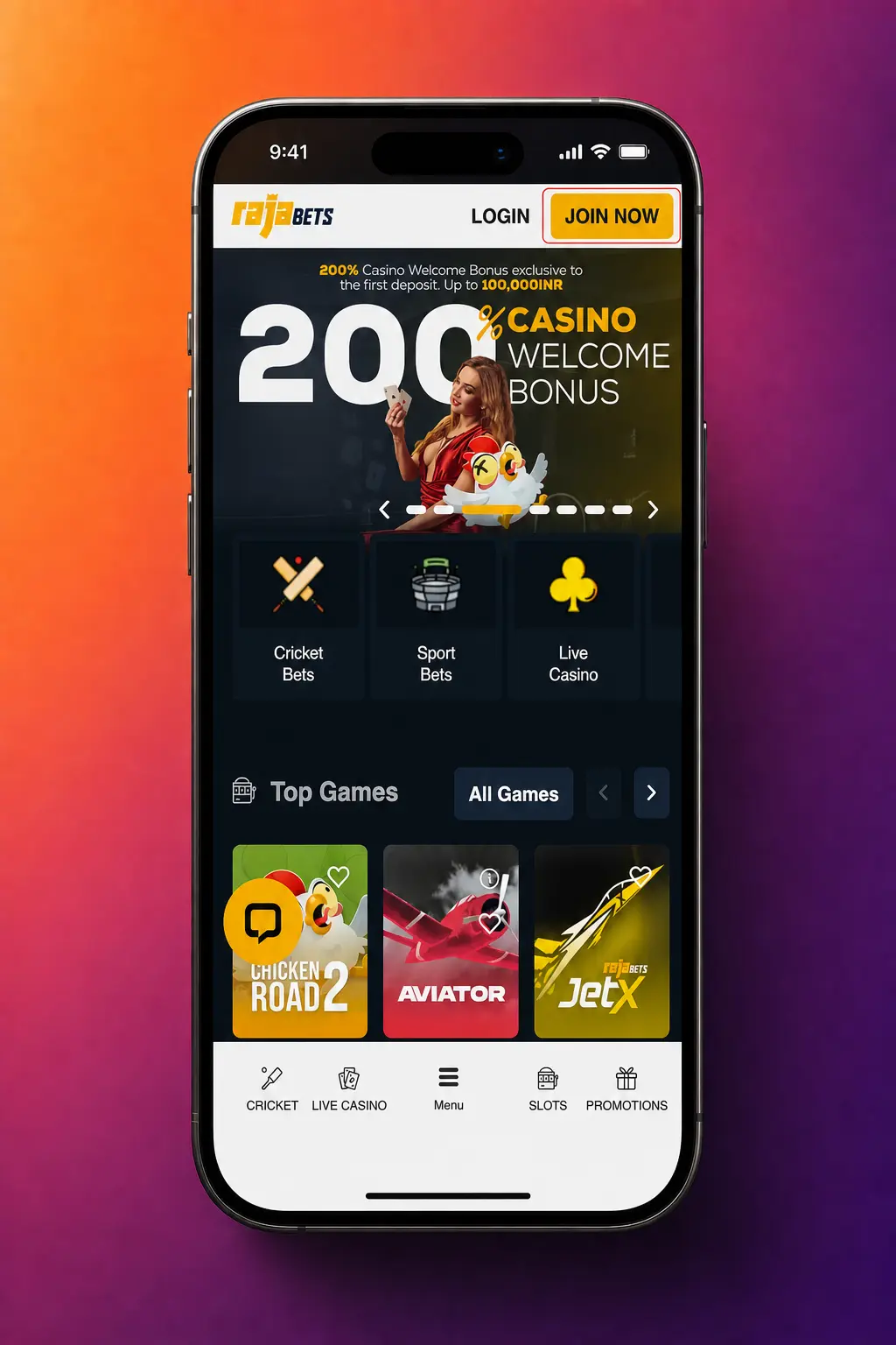 RajaBets app registration screen for Crazy Time
